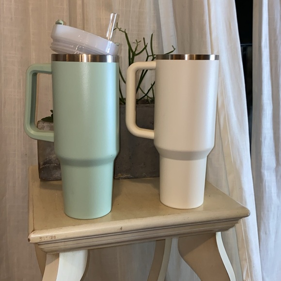 40oz tumbler insulated drink cup with handle mint green with top & clear straw - Picture 10 of 10